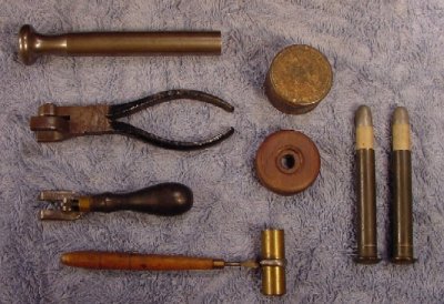 Reloading Tools - Ball Seater, Capper, Hadley De-Capper, Sharps Powder Measure, Tin of Primers, Loading Block & 2 Cartridges