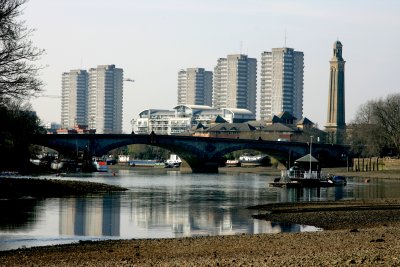 Kew Bridge overshadowed by tower blocks.