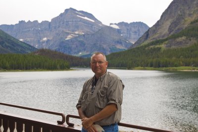 On the porch at Many Glacier Lodge