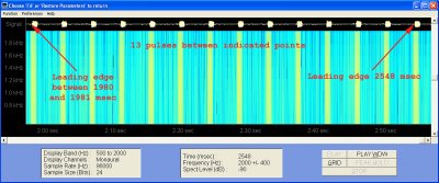 Pulse spacing measurd across 13 pulses, about 43.66 msec