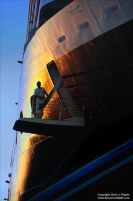 Ship at port at sunset