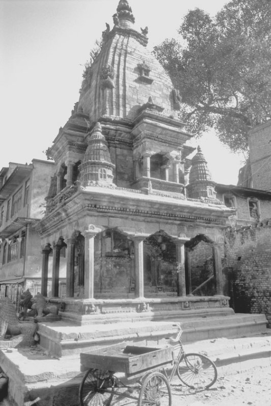 Abandoned Temple and Bicycle B&W