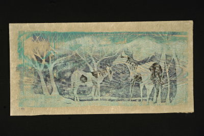 silk horses (woodcut) 14 x 29