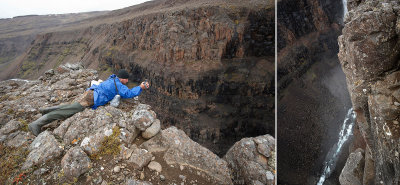 Take a look into chasm. Oleg is shooting a video of 100-meters depth canyon