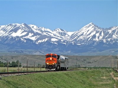 The train out beyond Big Timber with the Crazy Mtns behind. 5/29/09
