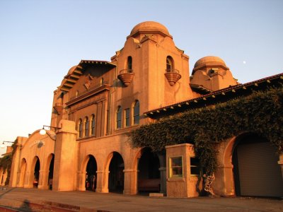The warm sunset on the depot's north face.