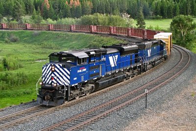 The head end rounds the curve at Austin, MT in clouds, sigh...