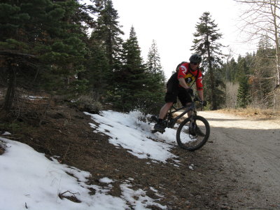Sean in some leftover snow. Monday prior to the ride a foot and a half dropped on Mt Rose.