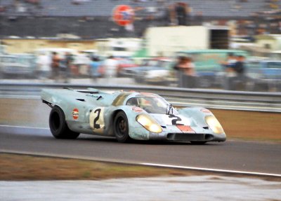The 1971 Daytona 24 Hours Winning Porsche 917K of Pedro Rodriguez and Jackie Oliver between turns 2 and 3