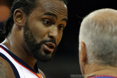Golden State Warriors forward Ronny Turiaf argues with a ref