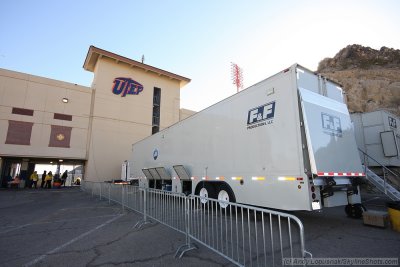 The CBS production trucks at the Sun Bowl in El Paso, Texas