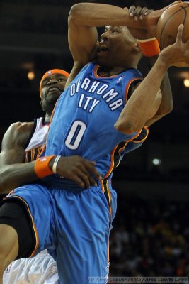 Oklahoma City Thunders Russell Westbrook gets fouled