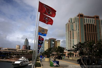 NFL team flags fly high over downtown Tampa prior to Super Bowl XLIII