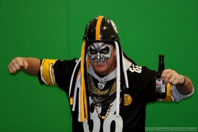 A Pittsburgh Steelers fan poses for an Upper Deck trading card