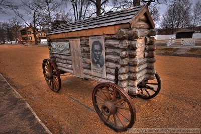 Replica of presidential campaign wagon in front of Abraham Lincoln's House
