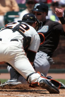 San Francisco Giants catcher Eli Whiteside gets Florida Marlins LF Jeremy Hermida out at home