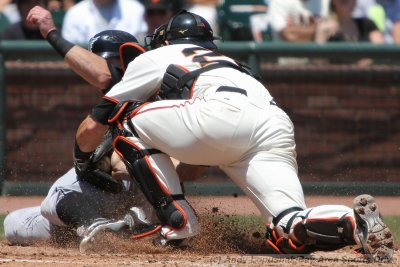 San Francisco Giants catcher Eli Whiteside gets Florida Marlins LF Jeremy Hermida out at home