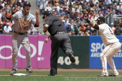 Pittsburgh Pirates LF Garrett Jones argues being called out at second