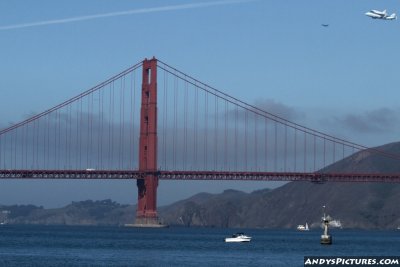 Space Shuttle Endeavor flies over the Golden Gate Bridge 