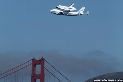 Space Shuttle Endeavor flies over the Golden Gate Bridge 