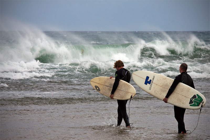 Surfers heading for the water, Bells Beach