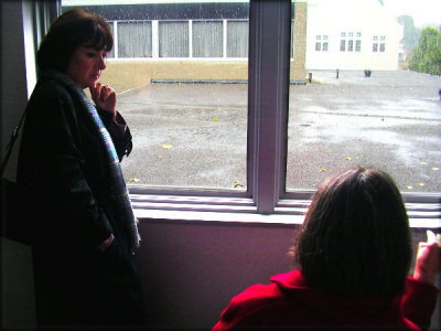 2nd flr of our school bldg looking out over roof of our old gym. Denise and Barb