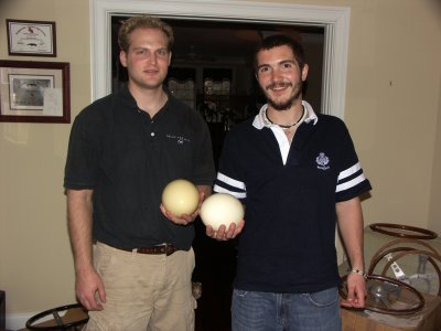 Tim and friend show off their ostrich eggs