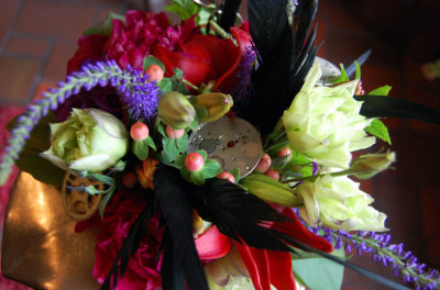 Bridal bouquet w/ antique watch parts, feathers (2)