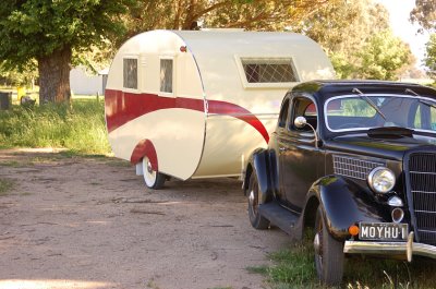 1935 Ford Coupe & mid 1940s restored caravan.