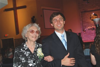 Tara's grandmother being escorted after the ceremony