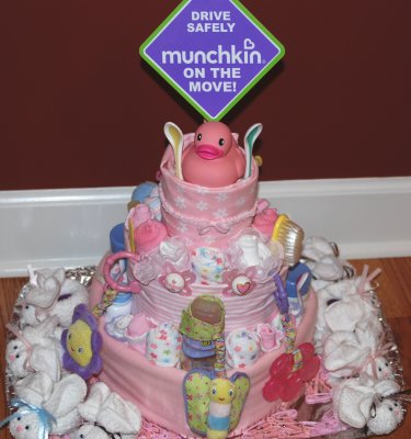 diaper cake front - made of 48 diapers and lots of baby items