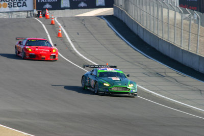 Drayson/Barwell Aston being followed by a Risi Ferrari through T1