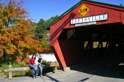 Tim, Melisa and Nik in front of the Taftsville Covered Bridge