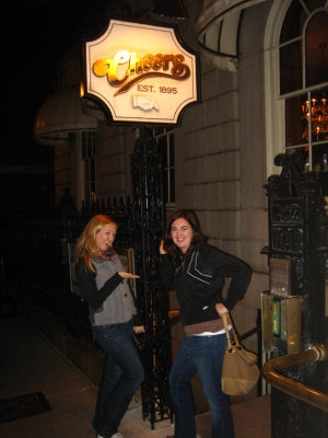 The girls in front of Cheers, where everybody knows your name