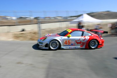 #45 Flying Lizard Porsche exiting the paddock