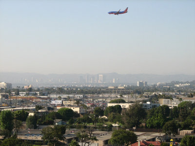 Arrival over the smoggy Santa Monica downtown skyline
