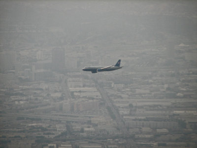 Lining up for a landing over smoggy LA