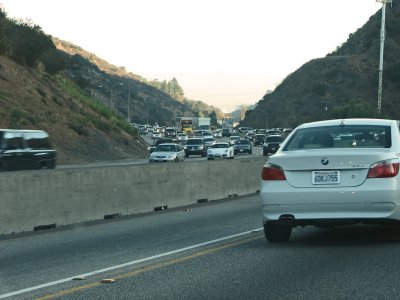 Traffic climbs up the canyon on Interstate 405