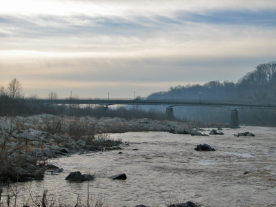 Chain bridge from river bed