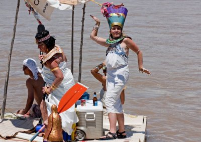 A large group of Egyptian rafters floating down the Rio Nile