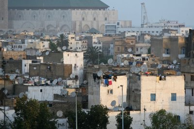 Satellite dishes surround the Mosque of Hassan II