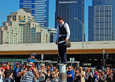 Entertaining an appreciative crowd at Federation Square