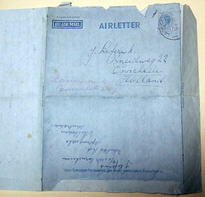 Air letter from Jan Leferink to his wife Jetty from Australia to Holland