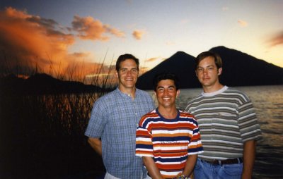 Dan, Aldo and Tim, Lake Atitlan, Guatemala 1993 at sunset with two inactive volcanoes in the background