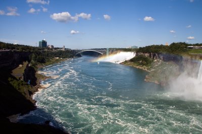 Looking down river to the rainbow bridge connecting Canada with the USA.  The American Falls on the right