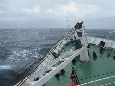 The Lyubov Orlova rolling in heavy seas in the South Atlantic