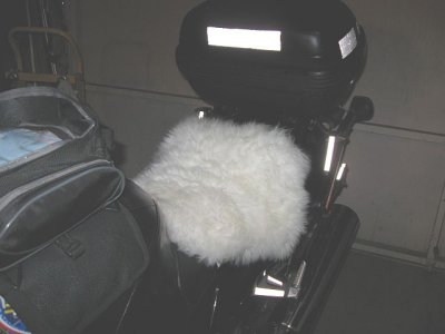 June 14, 2009 - Home made sheepskin motorcycle seat cover...