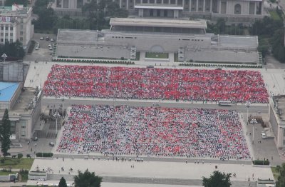 View from the Juche Tower. Crowds practicing for the next Mass Games