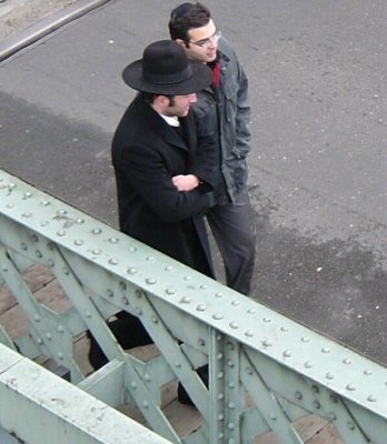 Hasidic Jews crossing Canal de l'Ourcq in the 19th going to Synagogue on rue Curial