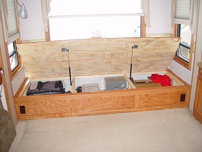 DON CARRIES ENOUGH TOOLS TO BUILD RV IMPROVEMENTS LIKE THIS DAY BED IN THE LIVINGROOM....